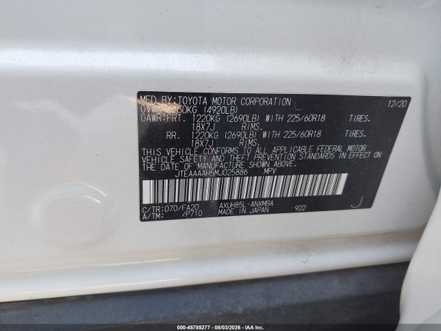 Aukcja sprzedaży 2021 Toyota Venza Le, vin: JTEAAAAH5MJ025886, numer aukcji: 45785277