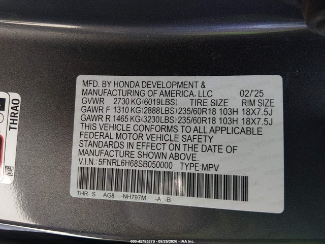 Продажа на аукционе авто 2025 Honda Odyssey Ex-l, vin: 5FNRL6H68SB050000, номер лота: 45785279