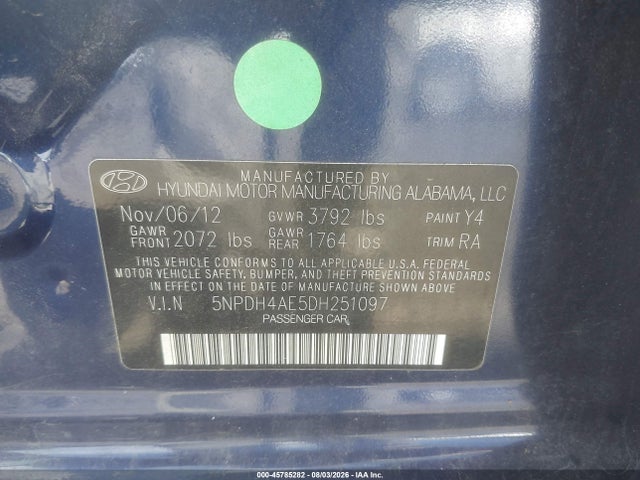 2013 Hyundai Elantra Gls მანქანა იყიდება აუქციონზე, vin: 5NPDH4AE5DH251097, აუქციონის ნომერი: 45785282