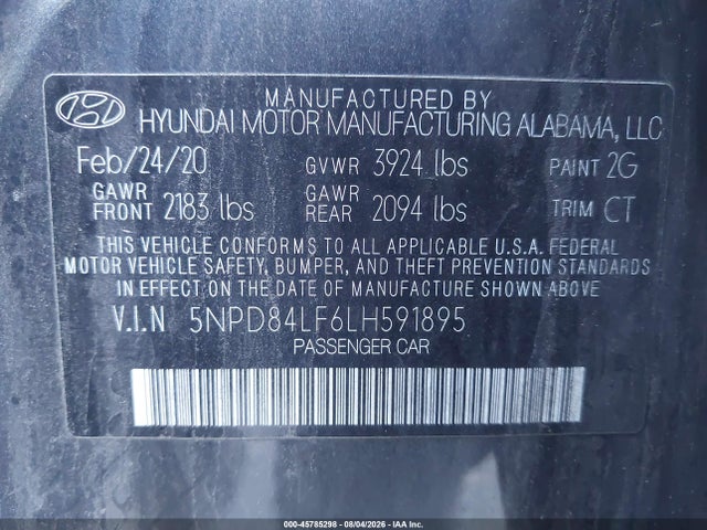 2020 Hyundai Elantra Sel მანქანა იყიდება აუქციონზე, vin: 5NPD84LF6LH591895, აუქციონის ნომერი: 45785298
