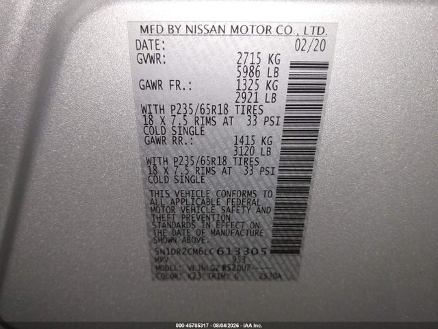 2020 Nissan Pathfinder Sl 4wd მანქანა იყიდება აუქციონზე, vin: 5N1DR2CM6LC613305, აუქციონის ნომერი: 45785317