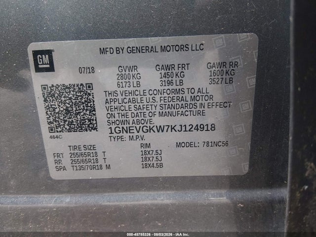 Aukcja sprzedaży 2019 Chevrolet Traverse 1lt, vin: 1GNEVGKW7KJ124918, numer aukcji: 45785326