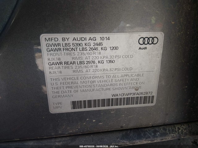 45785335 :رقم المزاد ، WA1CFAFP3FA052872 vin ، 2015 Audi Q5 2.0t Premium مزاد بيع