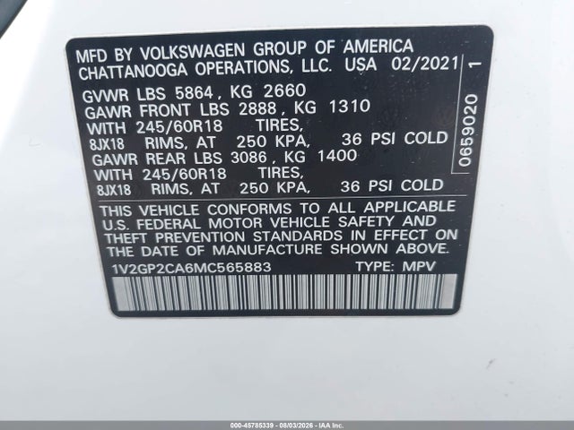 Продаж на аукціоні авто 2021 Volkswagen Atlas 2.0t S, vin: 1V2GP2CA6MC565883, номер лоту: 45785339