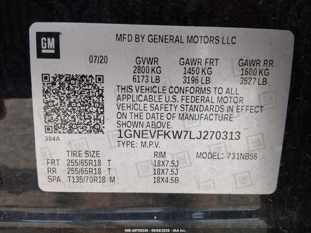2020 Chevrolet Traverse Awd Ls მანქანა იყიდება აუქციონზე, vin: 1GNEVFKW7LJ270313, აუქციონის ნომერი: 45785345