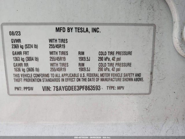 45785354 :رقم المزاد ، 7SAYGDEE3PF863593 vin ، 2023 Tesla Model Y Awd/long Range Dual Motor All-wheel Drive مزاد بيع