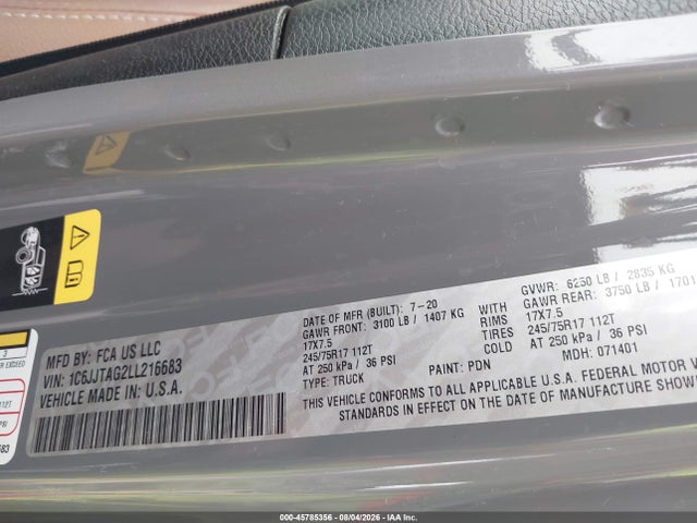 Продаж на аукціоні авто 2020 Jeep Gladiator Sport S 4x4, vin: 1C6JJTAG2LL216683, номер лоту: 45785356