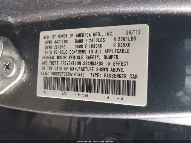 45785368 :رقم المزاد ، 1HGCP2F70CA141580 vin ، 2012 Honda Accord 2.4 Ex مزاد بيع