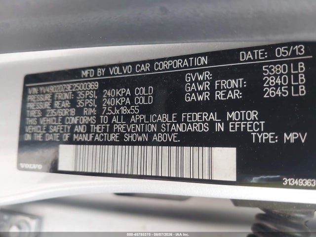 2014 Volvo Xc60 3.0l Premier Plus მანქანა იყიდება აუქციონზე, vin: YV4902DZ9E2500369, აუქციონის ნომერი: 45785370