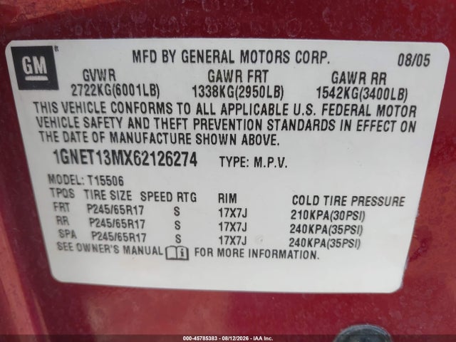 2006 Chevrolet Trailblazer Lt მანქანა იყიდება აუქციონზე, vin: 1GNET13MX62126274, აუქციონის ნომერი: 45785383