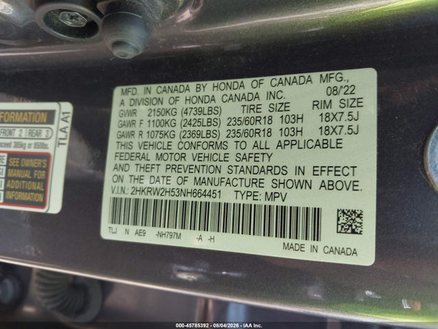 45785392 :رقم المزاد ، 2HKRW2H53NH664451 vin ، 2022 Honda Cr-v Awd Ex مزاد بيع