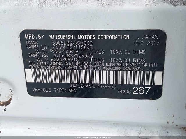 Auction sale of the 2018 Mitsubishi Outlander Gt, vin: JA4JZ4AX6JZ035503, lot number: 45785395
