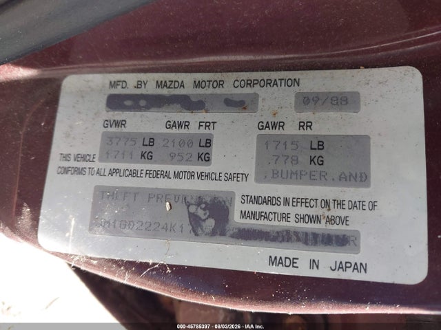 1989 Mazda 626 მანქანა იყიდება აუქციონზე, vin: JM1GD2224K1725479, აუქციონის ნომერი: 45785397