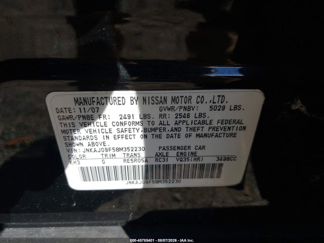 45785401 :رقم المزاد ، JNKAJ09F58M352230 vin ، 2008 Infiniti Ex35 Journey مزاد بيع