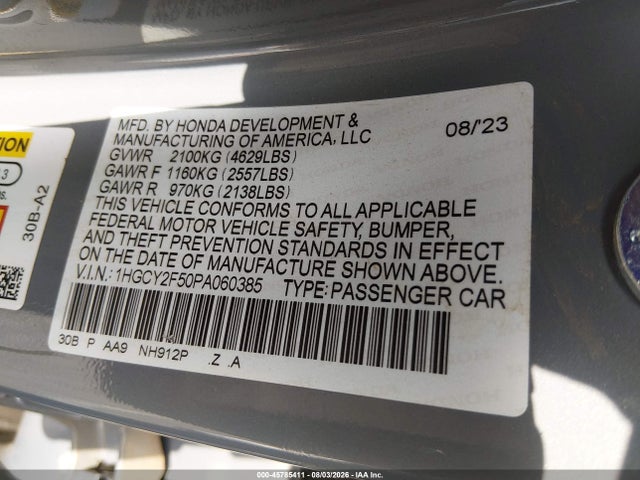 45785411 :رقم المزاد ، 1HGCY2F50PA060385 vin ، 2023 Honda Accord Hybrid Sport مزاد بيع