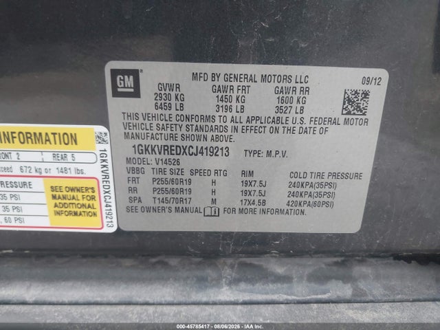 Продажа на аукционе авто 2012 Gmc Acadia Slt-1, vin: 1GKKVREDXCJ419213, номер лота: 45785417