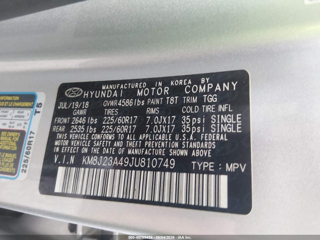 Продажа на аукционе авто 2018 Hyundai Tucson Se, vin: KM8J23A49JU810749, номер лота: 45785438