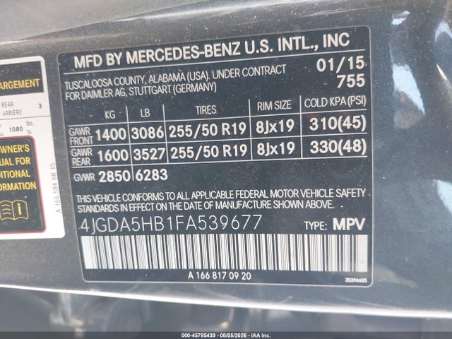 4JGDA5HB1FA539677 Mercedes-Benz Ml 350 4matic