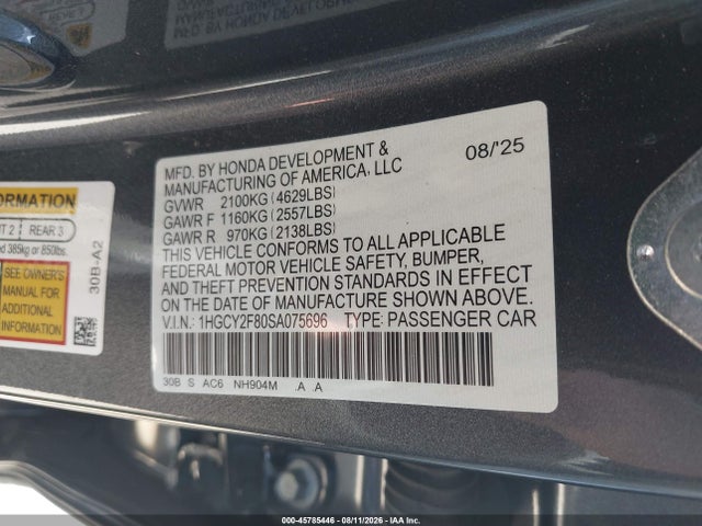 45785446 :رقم المزاد ، 1HGCY2F80SA075696 vin ، 2025 Honda Accord Hybrid Touring مزاد بيع