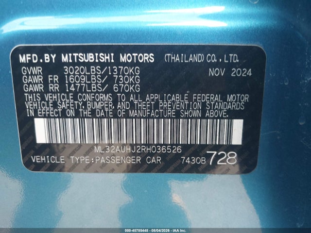 2024 Mitsubishi Mirage Es/le მანქანა იყიდება აუქციონზე, vin: ML32AUHJ2RH036526, აუქციონის ნომერი: 45785448