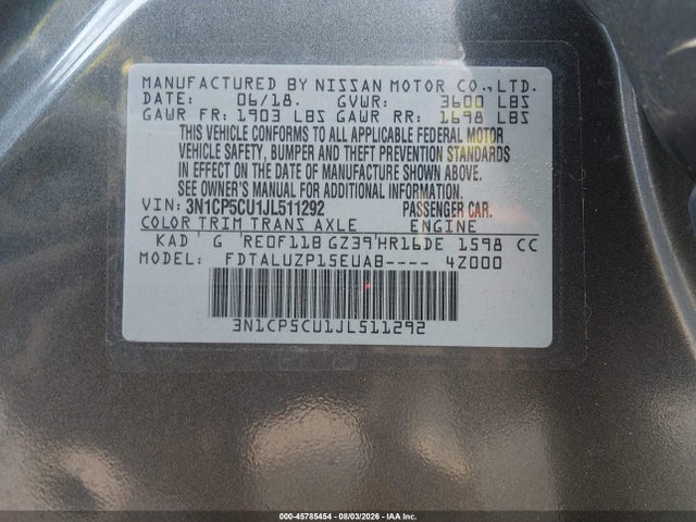 3N1CP5CU1JL511292 Nissan KICKS SR