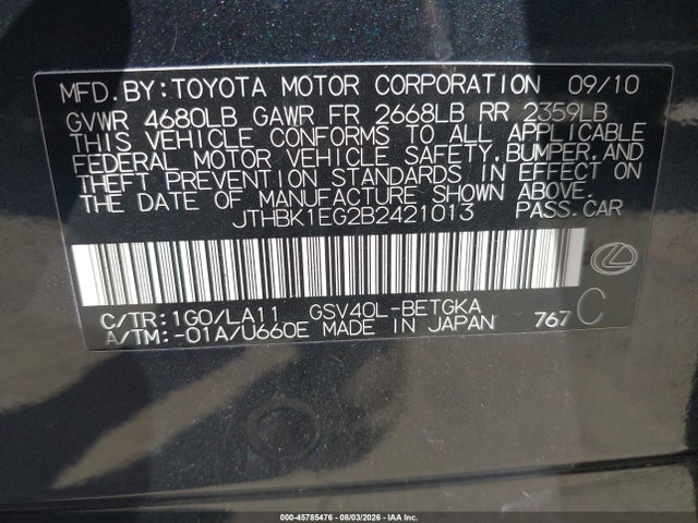 45785476 :رقم المزاد ، JTHBK1EG2B2421013 vin ، 2011 Lexus Es 350 مزاد بيع