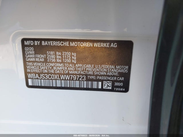 Aukcja sprzedaży 2020 Bmw 540i Xdrive, vin: WBAJS3C0XLWW79723, numer aukcji: 45785523
