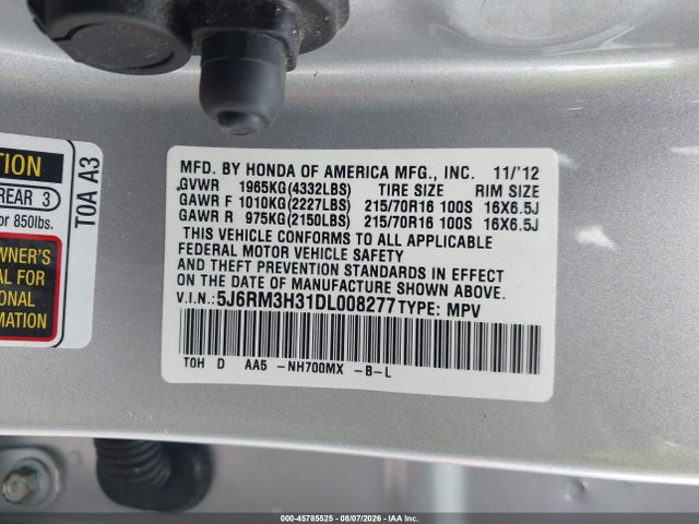 Aukcja sprzedaży 2013 Honda Cr-v Lx, vin: 5J6RM3H31DL008277, numer aukcji: 45785525