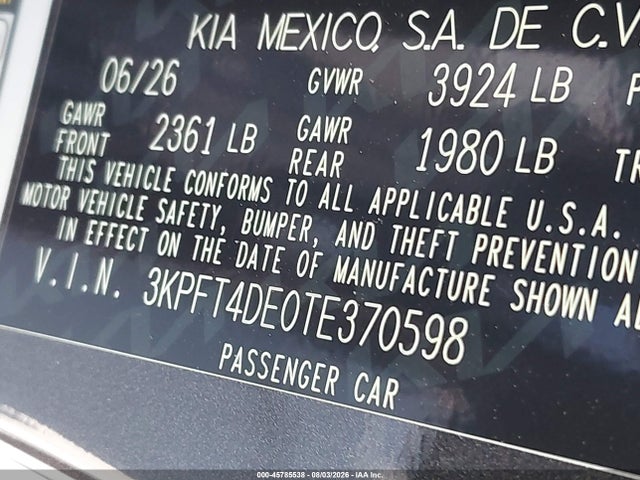 2026 Kia K4 Lx მანქანა იყიდება აუქციონზე, vin: 3KPFT4DE0TE370598, აუქციონის ნომერი: 45785538