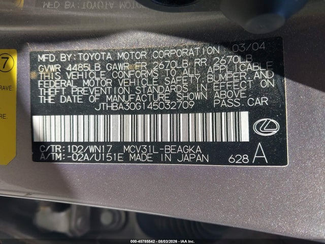 Продажа на аукционе авто 2004 Lexus Es 330, vin: JTHBA30G145032709, номер лота: 45785542