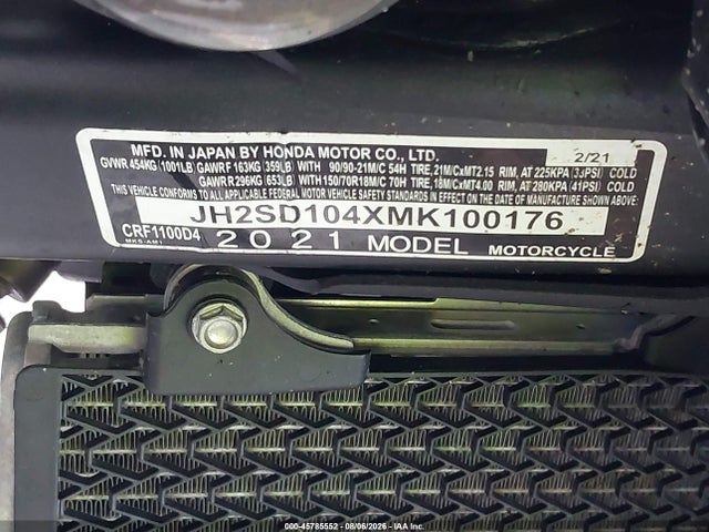 Aukcja sprzedaży 2021 Honda Crf1100 D4, vin: JH2SD104XMK100176, numer aukcji: 45785552