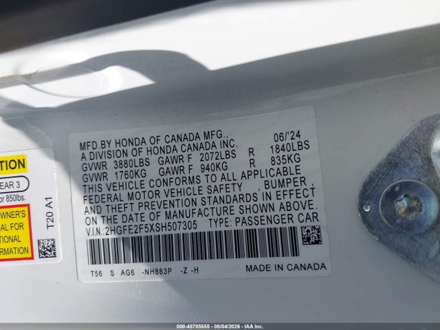 45785555 :رقم المزاد ، 2HGFE2F5XSH507305 vin ، 2025 Honda Civic Sport مزاد بيع