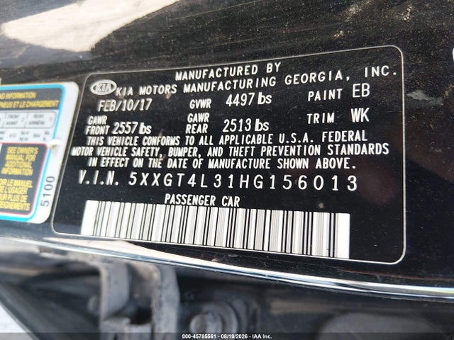 Продажа на аукционе авто 2017 Kia Optima Lx, vin: 5XXGT4L31HG156013, номер лота: 45785561