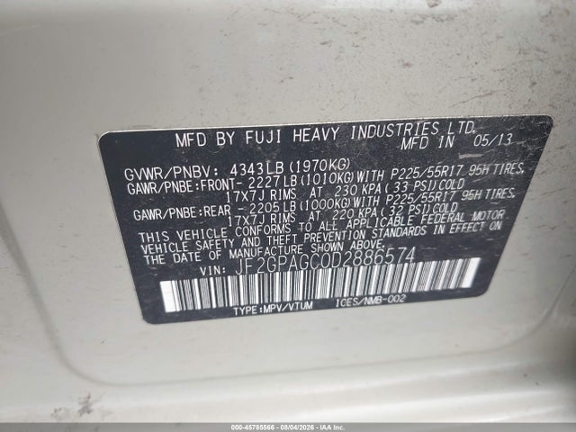 Aukcja sprzedaży 2013 Subaru Xv Crosstrek 2.0i Limited, vin: JF2GPAGC0D2886574, numer aukcji: 45785566