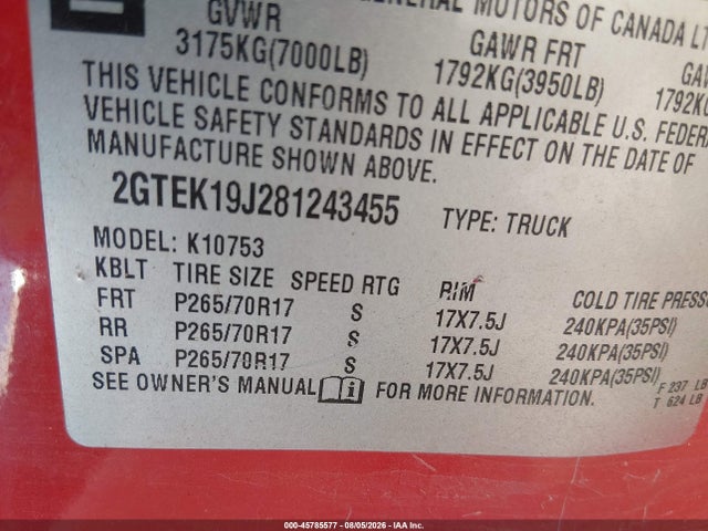 Auction sale of the 2008 Gmc Sierra 1500 Sle1, vin: 2GTEK19J281243455, lot number: 45785577