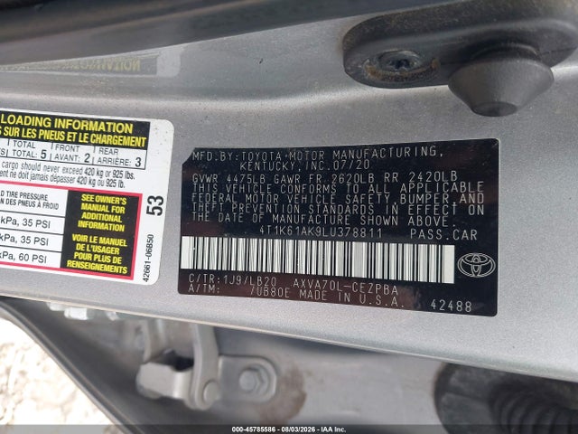 Aukcja sprzedaży 2020 Toyota Camry Xse, vin: 4T1K61AK9LU378811, numer aukcji: 45785586