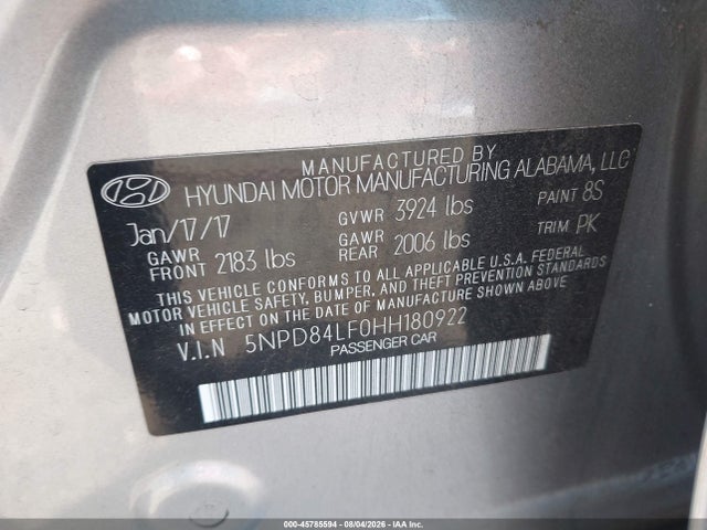 Aukcja sprzedaży 2017 Hyundai Elantra Se, vin: 5NPD84LF0HH180922, numer aukcji: 45785594