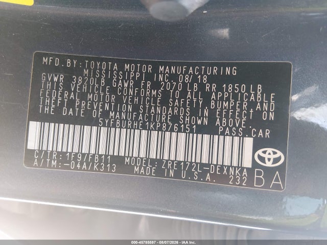 Aukcja sprzedaży 2019 Toyota Corolla Le, vin: 5YFBURHE1KP876151, numer aukcji: 45785597