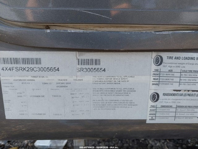Продажа на аукционе авто 2012 Forest River Sabre, vin: 4X4FSRK29C3005654, номер лота: 45785620
