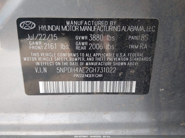 Aukcja sprzedaży 2016 Hyundai Elantra Se, vin: 5NPDH4AE2GH731022, numer aukcji: 45785641