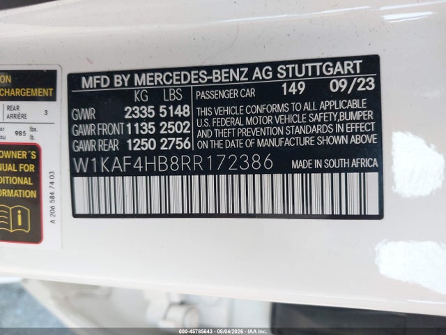 Продажа на аукционе авто 2024 Mercedes-benz C 300, vin: W1KAF4HB8RR172386, номер лота: 45785643