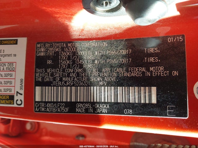 Продаж на аукціоні авто 2015 Toyota 4runner Trd Pro, vin: JTEBU5JR5F5236321, номер лоту: 45785644