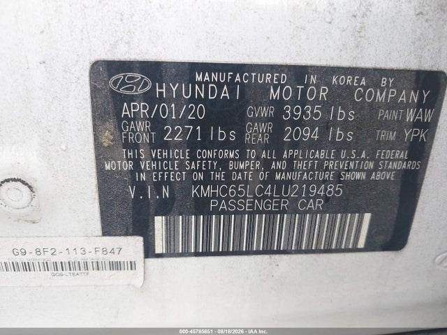 Продажа на аукционе авто 2020 Hyundai Ioniq Hybrid Blue, vin: KMHC65LC4LU219485, номер лота: 45785651