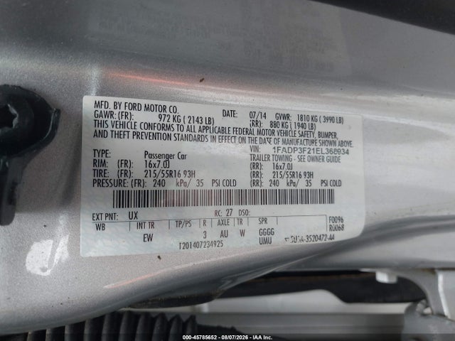 45785652 :رقم المزاد ، 1FADP3F21EL368934 vin ، 2014 Ford Focus Se مزاد بيع