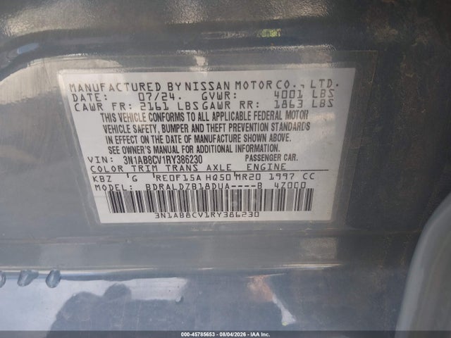 Продажа на аукционе авто 2024 Nissan Sentra Sv Xtronic Cvt, vin: 3N1AB8CV1RY386230, номер лота: 45785653