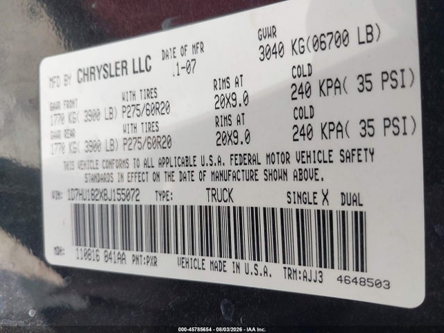 45785654 :رقم المزاد ، 1D7HU182X8J155072 vin ، 2008 Dodge Ram 1500 Slt مزاد بيع