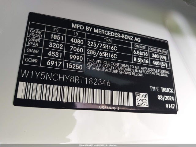 2024 Mercedes-benz Sprinter 3500 High Roof 4-cyl Diesel Ho მანქანა იყიდება აუქციონზე, vin: W1Y5NCHY8RT182346, აუქციონის ნომერი: 45785657
