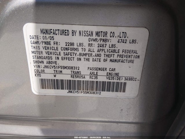 45785661 :رقم المزاد ، JNKCV51F55M308312 vin ، 2005 Infiniti G35x مزاد بيع