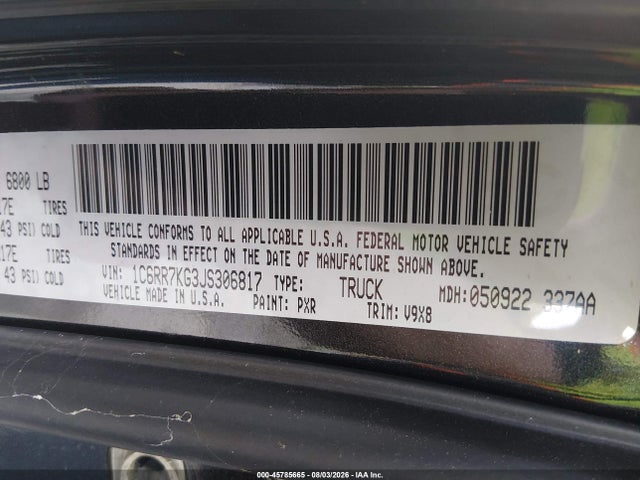 45785665 :رقم المزاد ، 1C6RR7KG3JS306817 vin ، 2018 Ram 1500 Tradesman  4x4 5'7 Box مزاد بيع