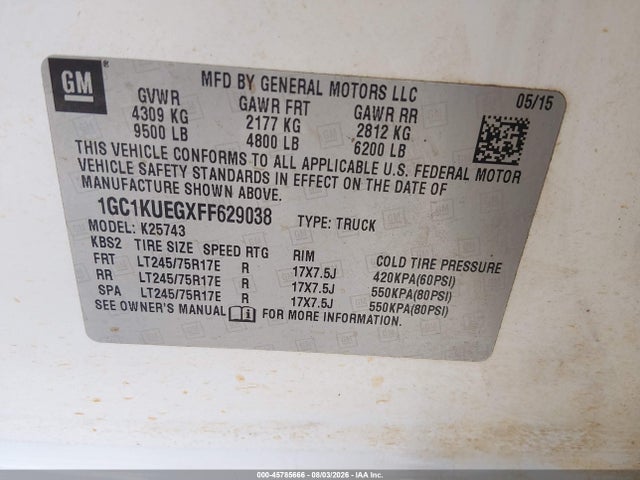 45785666 :رقم المزاد ، 1GC1KUEGXFF629038 vin ، 2015 Chevrolet Silverado 2500hd Built After Aug 14 Work Truck مزاد بيع